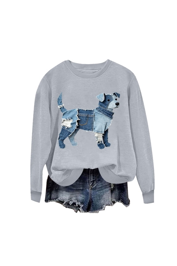 Womens Dog Print Sweatshirt Drop Shoulder Design Soft Fabric Relaxed Silhouette for Daily Errands Gray XS