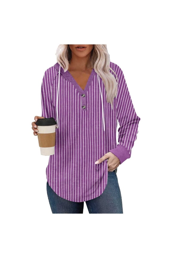 Womens Dot Print Sweatshirt Hooded Drawstring Button Up Henley Hoodies with Curved Hem Color Block Lightweight Top Purple S