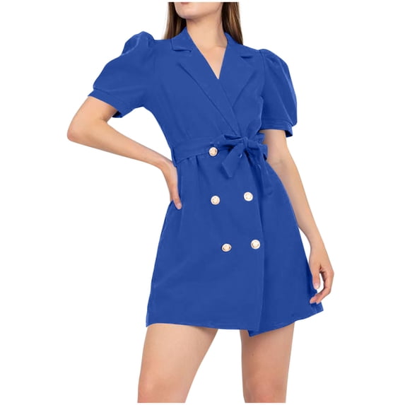 Sexlip Womens Dress Puff Sleeve Button Detail Belted Waist Soft Fabric Relaxed Silhouette for Casual Outings Blue S