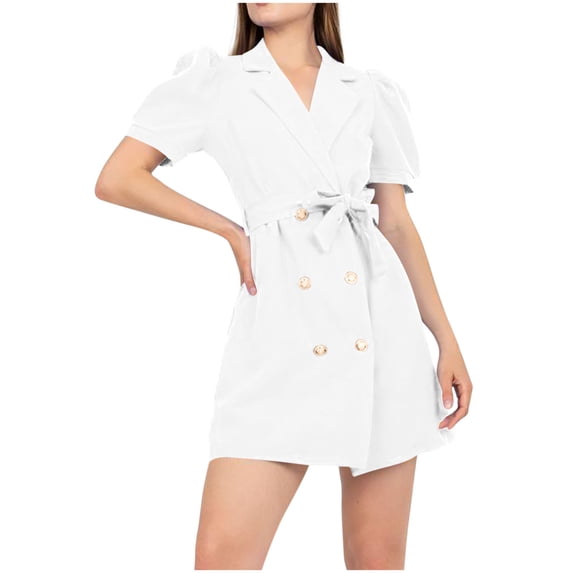 Sexlip Womens Dress Puff Sleeve Button Detail Belted Waist Soft Fabric Relaxed Silhouette for Casual Outings White S