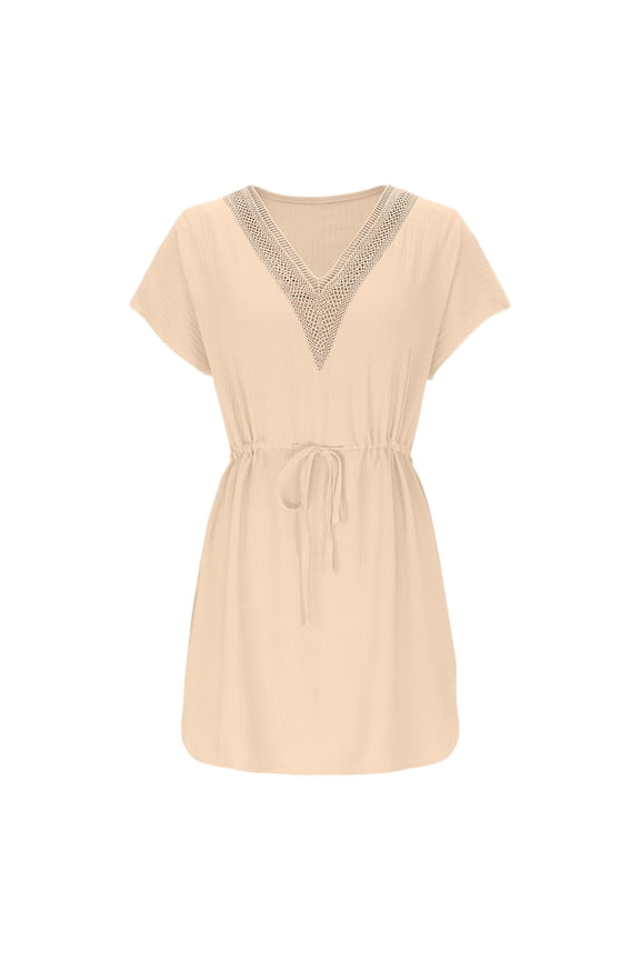 Womens Dress Short Sleeve V Neck Drawstring Waist Soft Fabric Relaxed Silhouette for Daily Outings Beige S