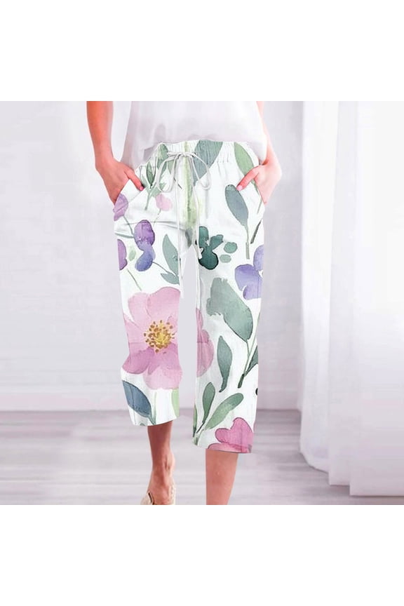 Womens Elastic Waist Capri Pants Pastel Floral Print Drawstring Waist Soft Fabric Relaxed Silhouette for Daily Leisure Multicolor S