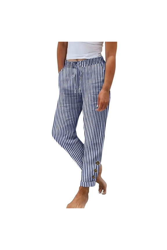 Womens Elastic Waist Jogger Pants Striped Pattern Drawstring Detail Soft Fabric Relaxed Silhouette for Daily Wear Blue L
