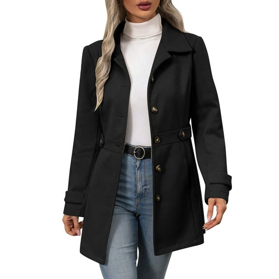 Sexlip Womens Elegant Single Breasted Coat Long Sleeve Mid Winter Overcoat Work Office Pea Coats Black M