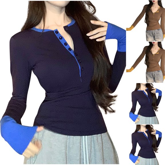 Sexlip Womens Fake Two Piece Henley Shirts Long Sleeve Color Block Slim Fit Casual Button Top Fall Fashion Basic Y2k Tunic Brown L