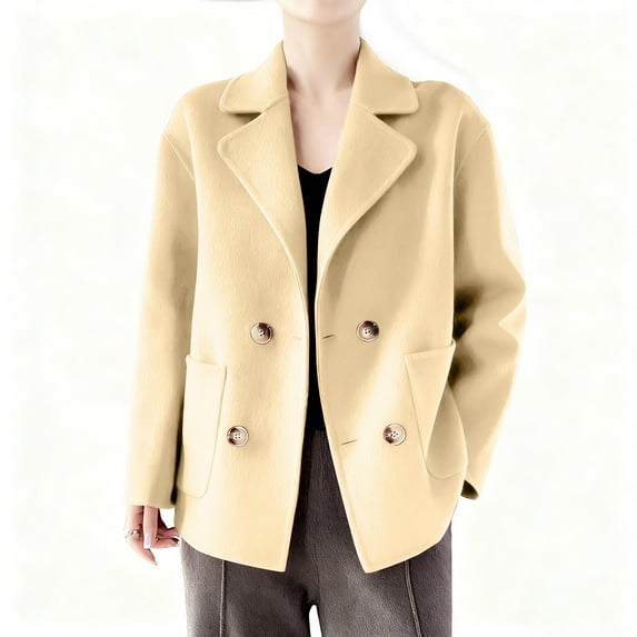 Sexlip Womens Fall Winter Casual Business Wool Blend Blazer Coat Dressy Loose Notched Lapel Double Breasted Cropped Overcoat Yellow M
