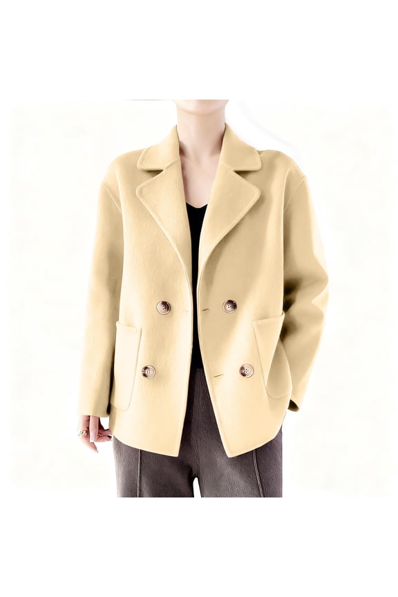 Womens Fall Winter Casual Business Wool Blend Blazer Coat Dressy Loose Notched Lapel Double Breasted Cropped Overcoat Yellow S
