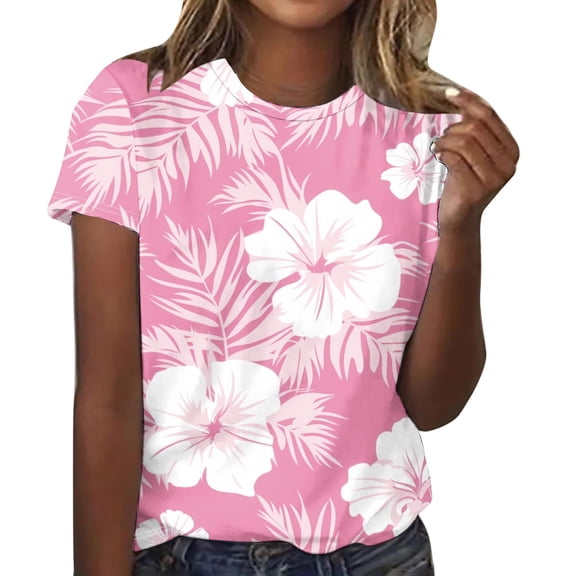 Sexlip Womens Fashion Casual Floral Tropical Plants Full Printed T Shirts Short Sleeve Tees Casual Blouse Tops Pink XXL