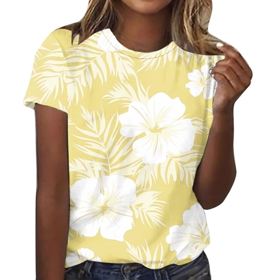 Sexlip Womens Fashion Casual Floral Tropical Plants Full Printed T Shirts Short Sleeve Tees Casual Blouse Tops Yellow XXL