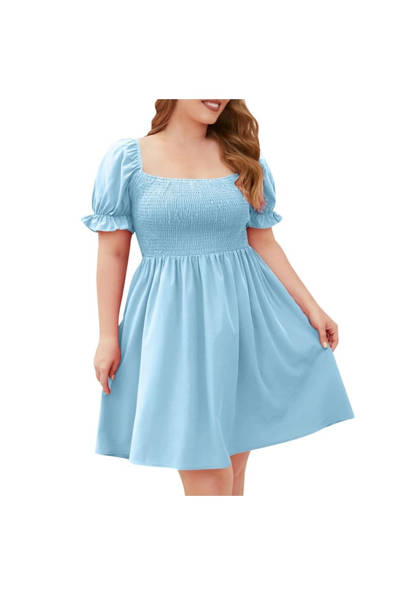 Womens Fit And Flare Midi Dress Short Sleeve Design Flowy Fabric Relaxed Silhouette for Party Events Blue XXL