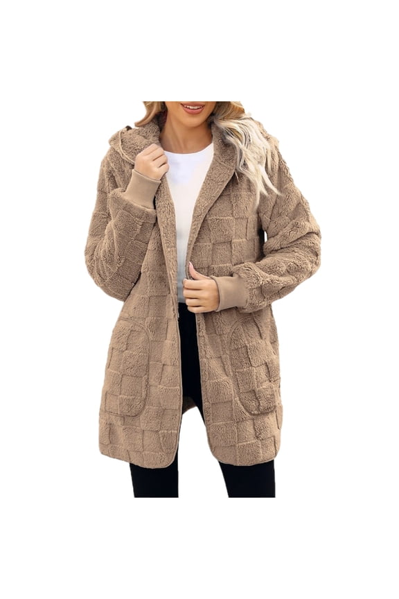 Womens Fleece Teddy Coats Trendy Hooded Winter Windproof Jacket Shaggy Faux Sherpa Cardigans Fashion Warm Clothes Yellow L