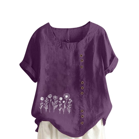 Sexlip Womens Floral Embroidery Denim Blouse Crew Neck Design Lightweight Fabric Relaxed Silhouette for Stylish Events Purple XXL