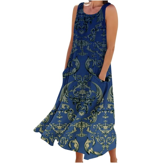 Sexlip Womens Floral Print Maxi Dress Sleeveless Design Lightweight Fabric Relaxed Silhouette for Beach Days Blue XXL