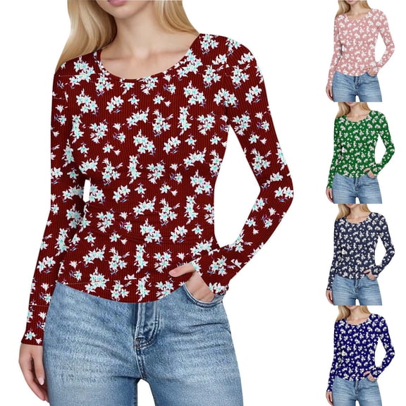 Sexlip Womens Floral Printed Blouse Long Sleeve Round Neck Design Soft Fabric Relaxed Silhouette for Daily Lounge Blue L