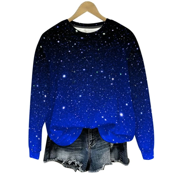Sexlip Womens Galaxy Print Sweatshirt Long Sleeve Round Neck Design Soft Fabric Relaxed Silhouette for Casual Wear Blue M