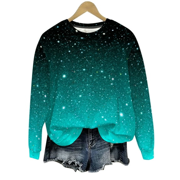 Sexlip Womens Galaxy Print Sweatshirt Long Sleeve Round Neck Design Soft Fabric Relaxed Silhouette for Casual Wear Blue XXXL