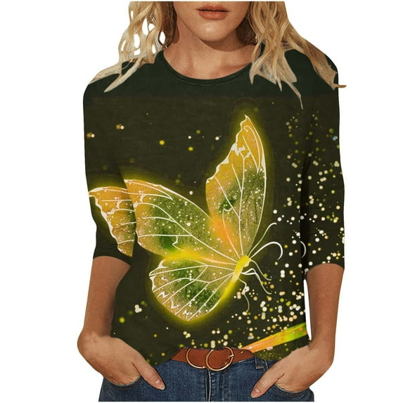 Sexlip Womens Gradient Butterfly Print Tee Short Sleeve Design Stretchy Fabric Relaxed Silhouette for Weekend Getaways Yellow S