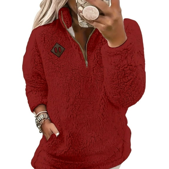 Sexlip Womens Half Zip Sherpa Fleece Pullover Oversized Sweatshirt Warm Fuzzy Sweater Trendy Long Sleeve Hoodies Outerwear Red XXXL