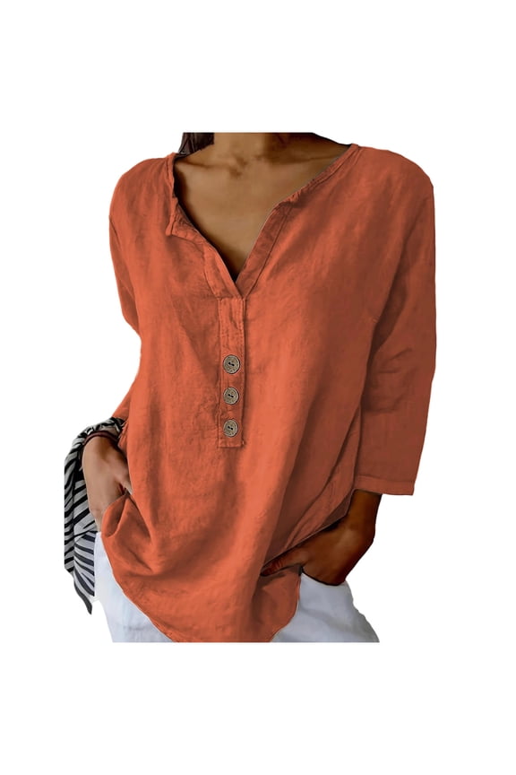 Womens Henley Blouse 3/4 Sleeve Button Placket Design Soft Fabric Relaxed Silhouette for Daily Wear Orange XXL