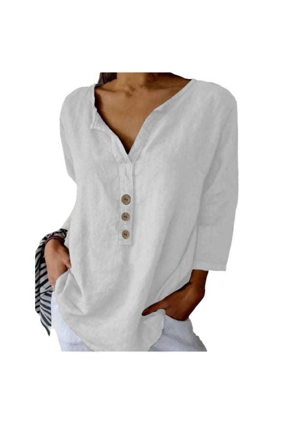 Womens Henley Blouse 3/4 Sleeve Button Placket Design Soft Fabric Relaxed Silhouette for Daily Wear White XXL