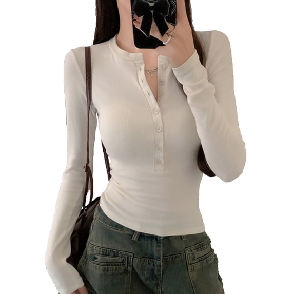 Sexlip Womens Henley Blouse Long Sleeve Ribbed Design Soft Fabric Slim Silhouette for Daily Wear Beige M