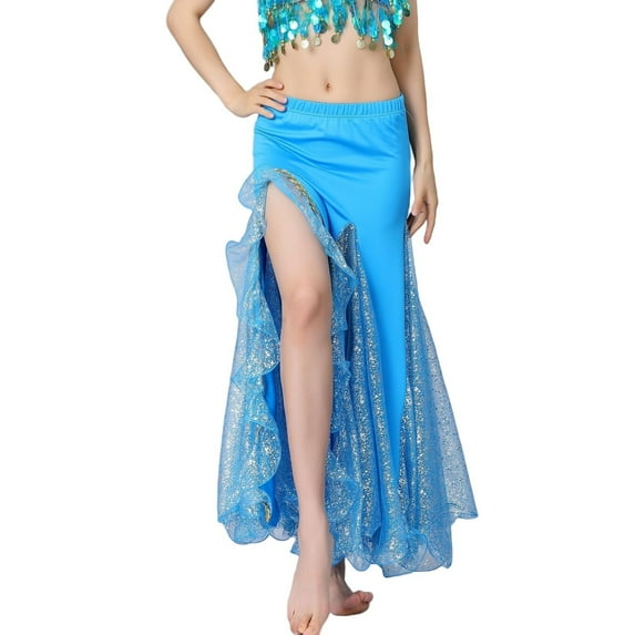 Sexlip Womens High Slit Maxi Skirt Satin Design Shimmery Fabric Relaxed Silhouette for Dance Performances Blue Free Size