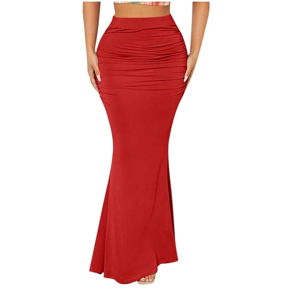 Sexlip Womens High Waist Bodycon Midi Skirt Elastic Waist Design Stretchy Fabric Relaxed Silhouette for Daily Errands Red L