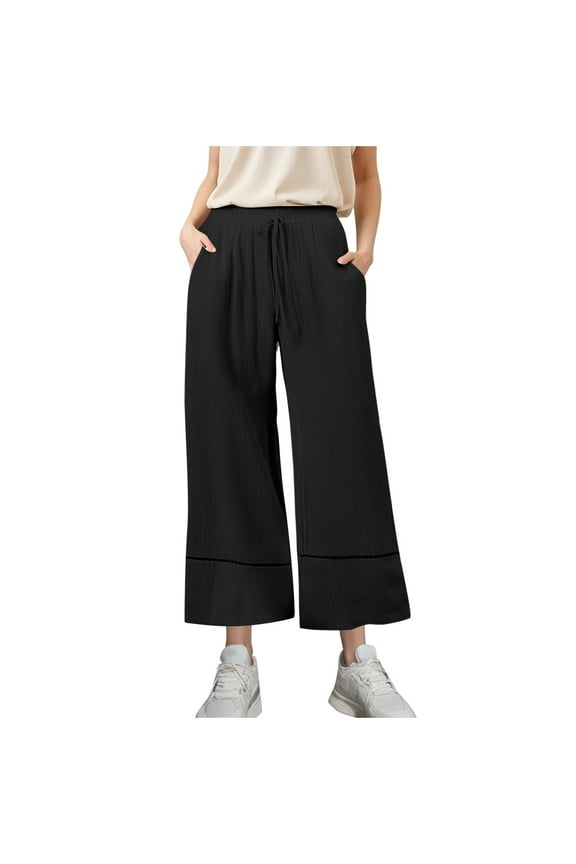 Womens High Waist Capri Wide Leg Pants Elastic Waist Side Stripe Design Soft Fabric Relaxed Silhouette for Daily Leisure Black M
