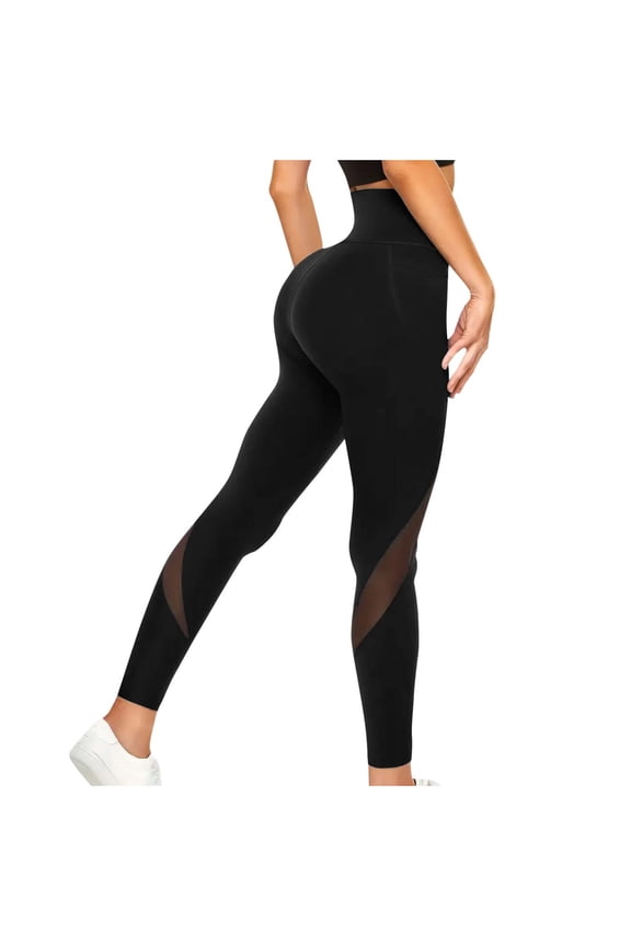 Womens High Waist Leggings Mesh Panel Design Stretchy Fabric Slim Silhouette for Casual Occasions Black S