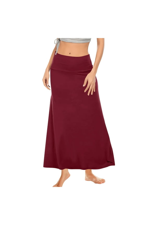 Womens High Waist Ruched A Line Maxi Skirt Lightweight Breathable Modest Casual Daily Dress Red L