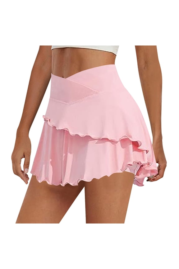 Womens High Waist Ruffled Mini Skirt Elastic Waist Design Lightweight Fabric Relaxed Silhouette for Beach Days Pink L
