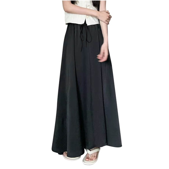 Sexlip Womens High Waist Tie Waist A Line Maxi Skirt Flowy Breathable Vacation Daily Dress Black XL