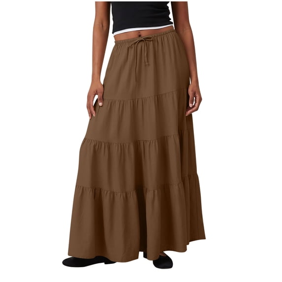 Sexlip Womens High Waist Tiered Midi Skirt Elastic Waist Design Lightweight Fabric Relaxed Silhouette for Office Wear Brown M