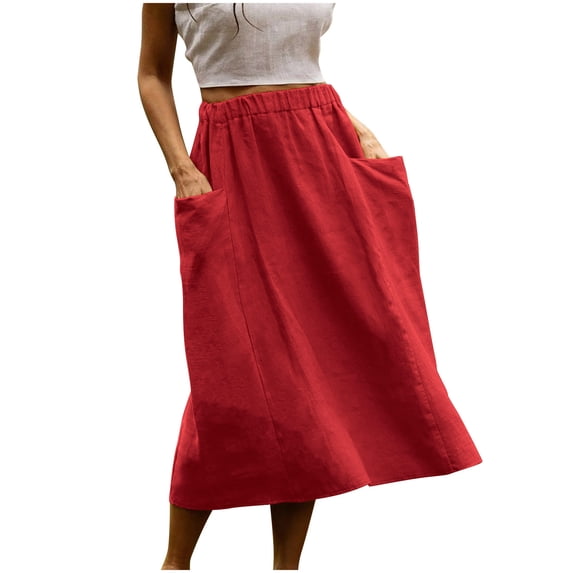 Sexlip Womens High Waisted Maxi Skirt Cargo Pocket Design Elastic Waist Flowy Fabric Breathable Texture Casual Silhouette for Outdoor Trips Red L