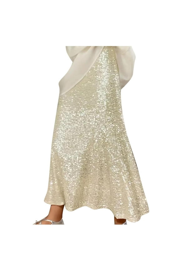 Womens High Waisted Maxi Skirt Sequin Embellished Design Flowy Fabric Relaxed Silhouette for Party Events Gold L