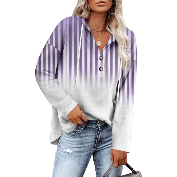 Sexlip Womens Hooded Button Collar Drawstring Gradient Color Hoodies Pullover Sweatshirt Casual Long Sleeve Tops Shirts Purple XL