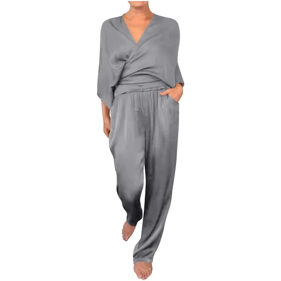 Sexlip Womens Jumpsuit Two Piece Set Long Sleeve Top Elastic Pants Comfortable Material Loose Cut for Daily Wear Gray XXL