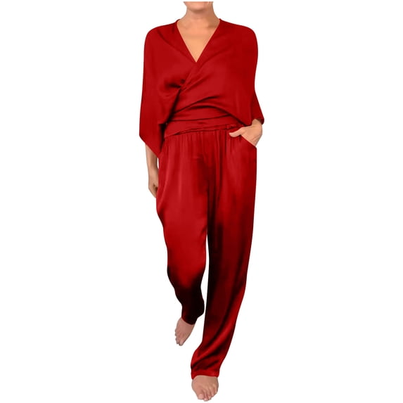Sexlip Womens Jumpsuit Two Piece Set Long Sleeve Top Elastic Pants Comfortable Material Loose Cut for Daily Wear Red L