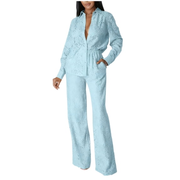 Sexlip Womens Jumpsuit Two Piece Set Long Sleeve Top Wide Leg Pants Breathable Fabric Belted Design for Daily Casual Blue S