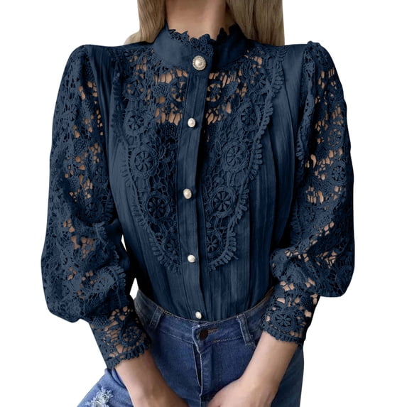 Sexlip Womens Lace Blouse Long Sleeve Puff Shoulder Design Sheer Fabric Flowy Silhouette for Evening Occasions Blue M