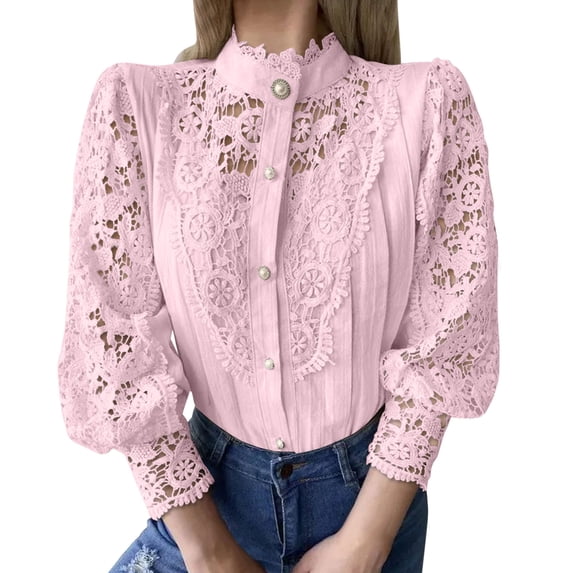 Sexlip Womens Lace Blouse Long Sleeve Puff Shoulder Design Sheer Fabric Flowy Silhouette for Evening Occasions Pink M