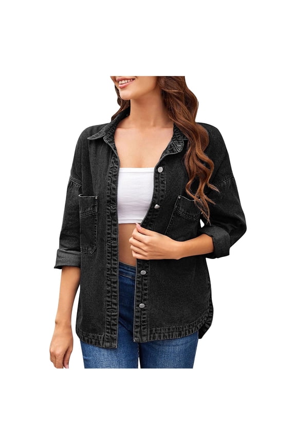 Womens Lightweight Denim Jacket Roll Up Long Sleeve Jean Jackets Button Down Lapel Collar Casual Shacket Outerwear Black M