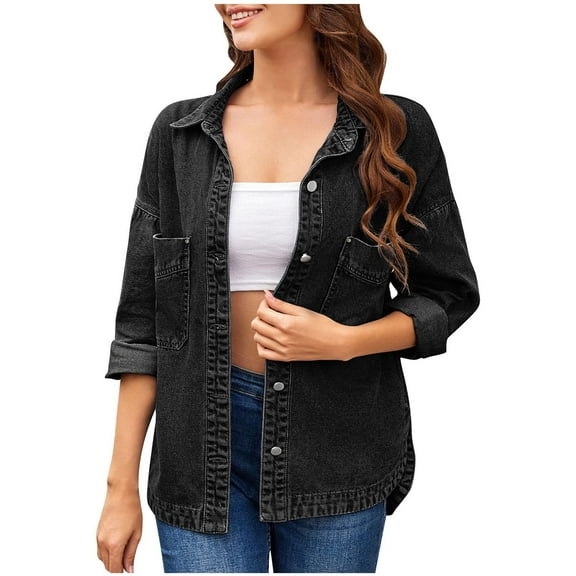 Sexlip Womens Lightweight Denim Jacket Roll Up Long Sleeve Jean Jackets Button Down Lapel Collar Casual Shacket Outerwear Black XL