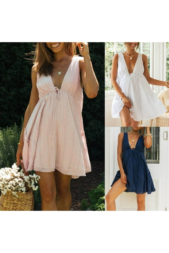 Womens Linen Blend Mini Dress Ruffle Trim Design Lightweight Fabric Relaxed Silhouette for Beach Occasions Beige L