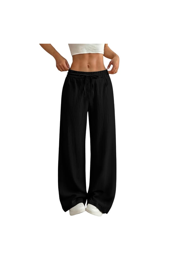 Womens Linen Pants Cool Breathable wide waistband relaxed fit breathable fabric machine washable yoga workout for fitness training Black XXL