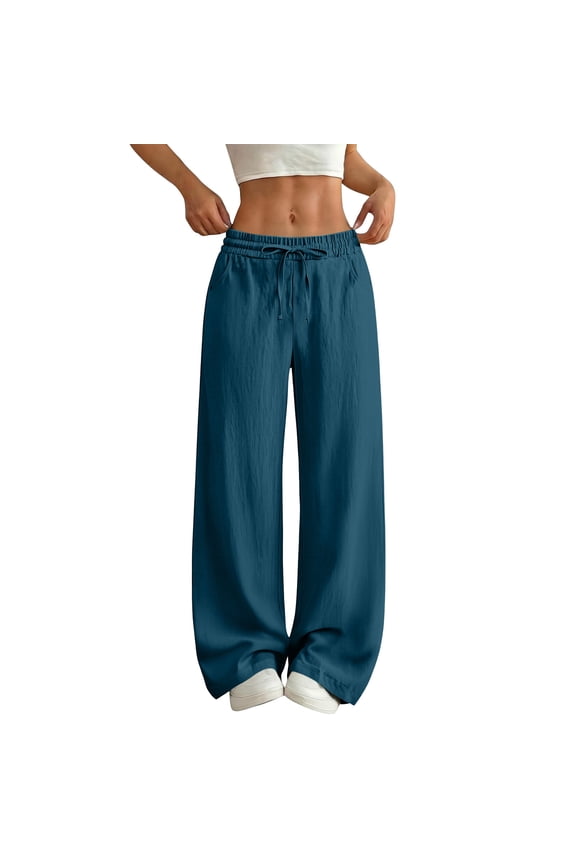 Womens Linen Pants Cool Breathable wide waistband relaxed fit breathable fabric machine washable yoga workout for fitness training Blue XXL