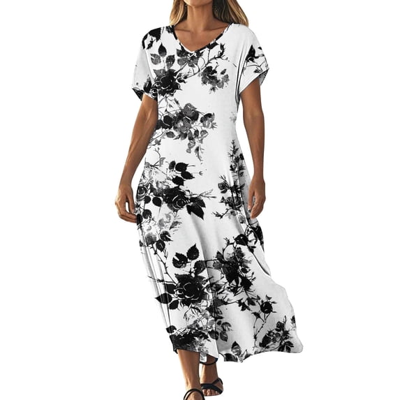 Sexlip Womens Long Dress Short Sleeve Abstract Print Design Soft Fabric Relaxed Silhouette for Daily Beach White XL