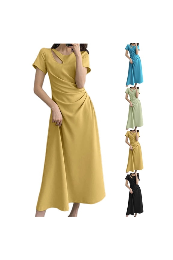 Womens Long Dress Short Sleeve Ruched Design Soft Fabric Asymmetrical Silhouette for Daily Wear Black L