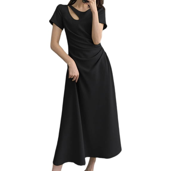 Sexlip Womens Long Dress Short Sleeve Ruched Design Soft Fabric Asymmetrical Silhouette for Daily Wear Black XL
