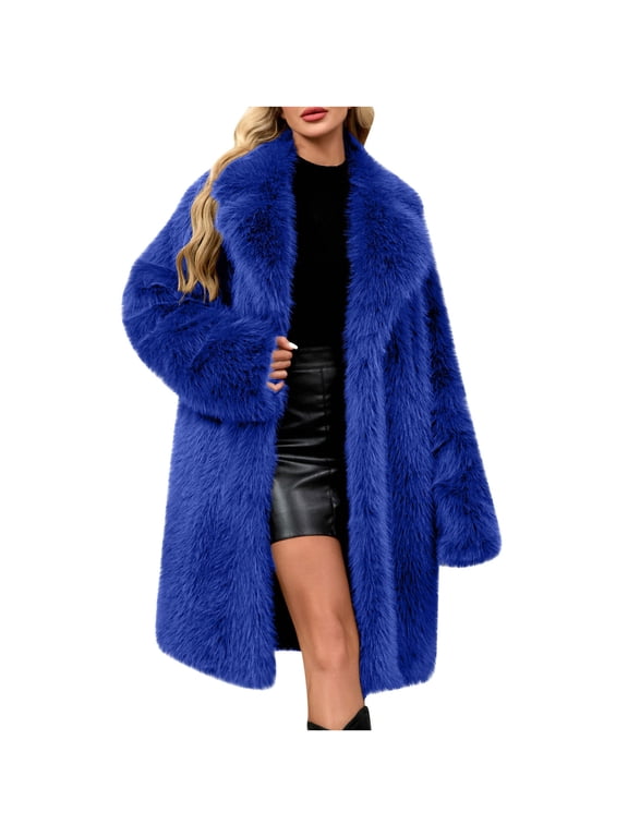 Womens Long Faux Fur Coats Fluffy Faux Fur Jacket Long Sleeve Lapel Furry Coats Fuzzy Winter Jacket Blue XS